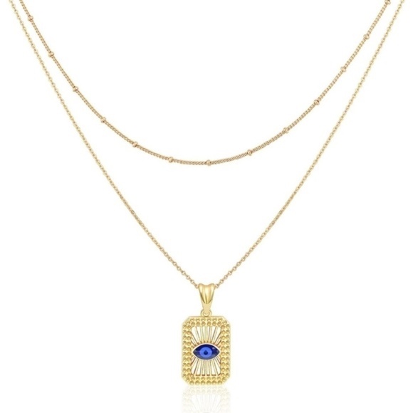 Gold 14k Gold Plated Evil Eye Bar Pendant Chain Necklace - Picture 3 of 3